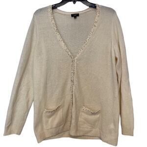 TALBOTS Lambswool Angora Beaded Embellishment Cardigan Cream Sweater Top Small P
